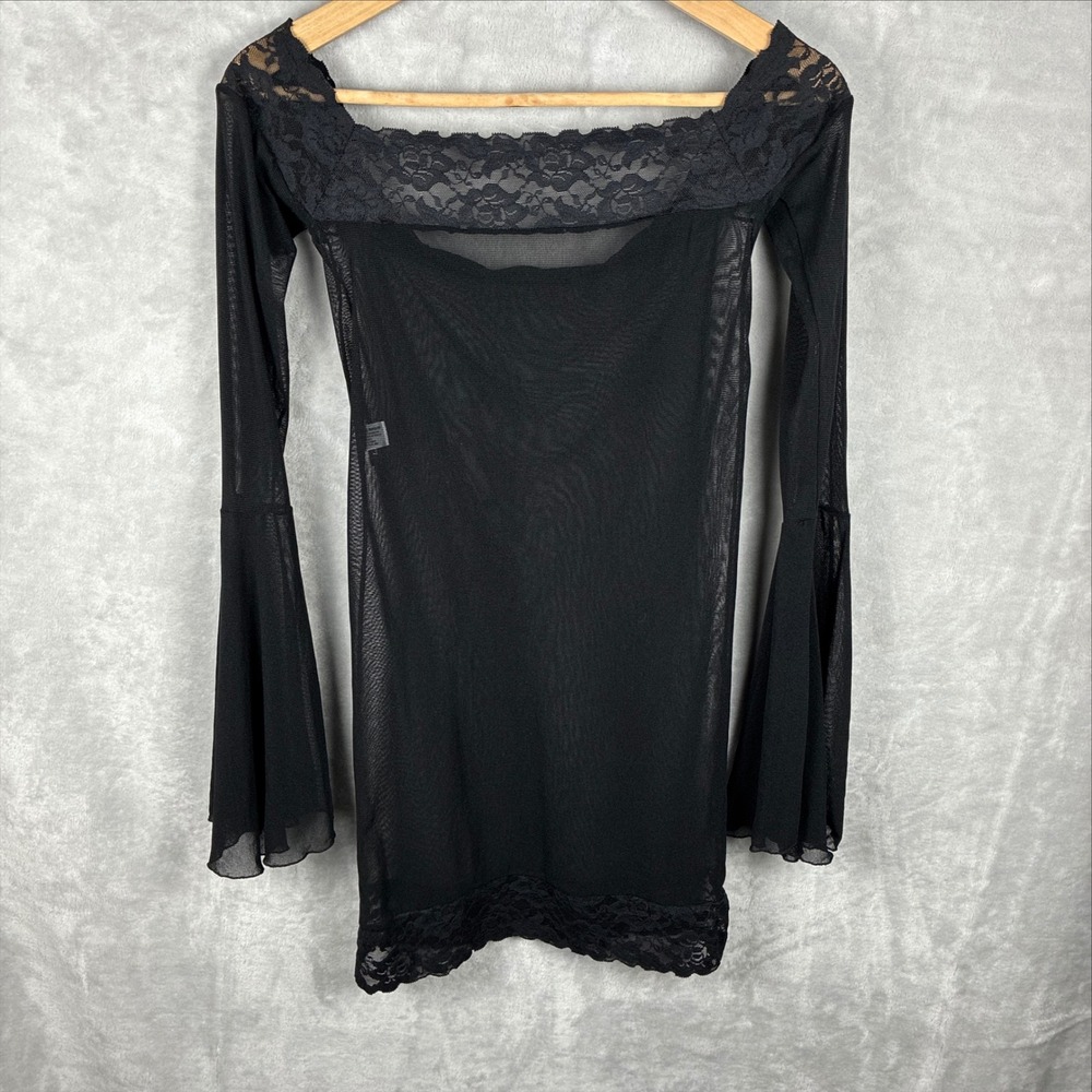 Leg Avenue Black Sheer Mesh Lace Off Shoulder Bell Sleeve Mini Dress Plus Size